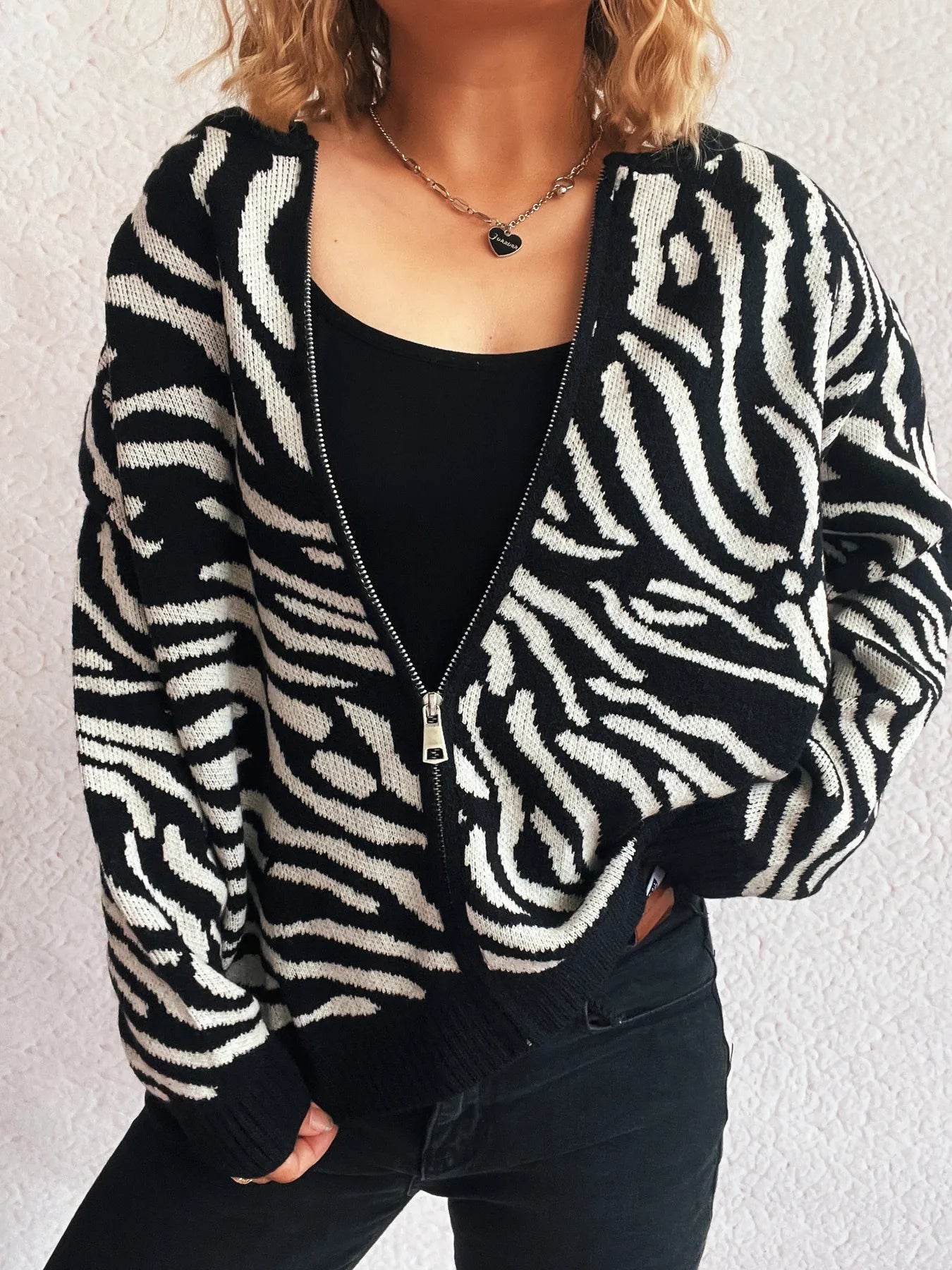 Zebra Print Zip Up Cardigan - Ultim8 Designs 4 U