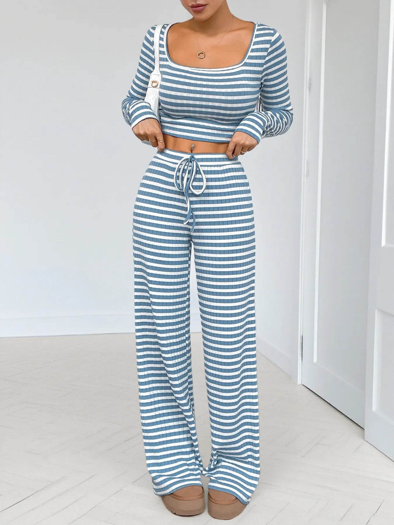 Striped Square Neck Long Sleeve Top and Pants Lounge Set - Ultim8 Designs 4 U