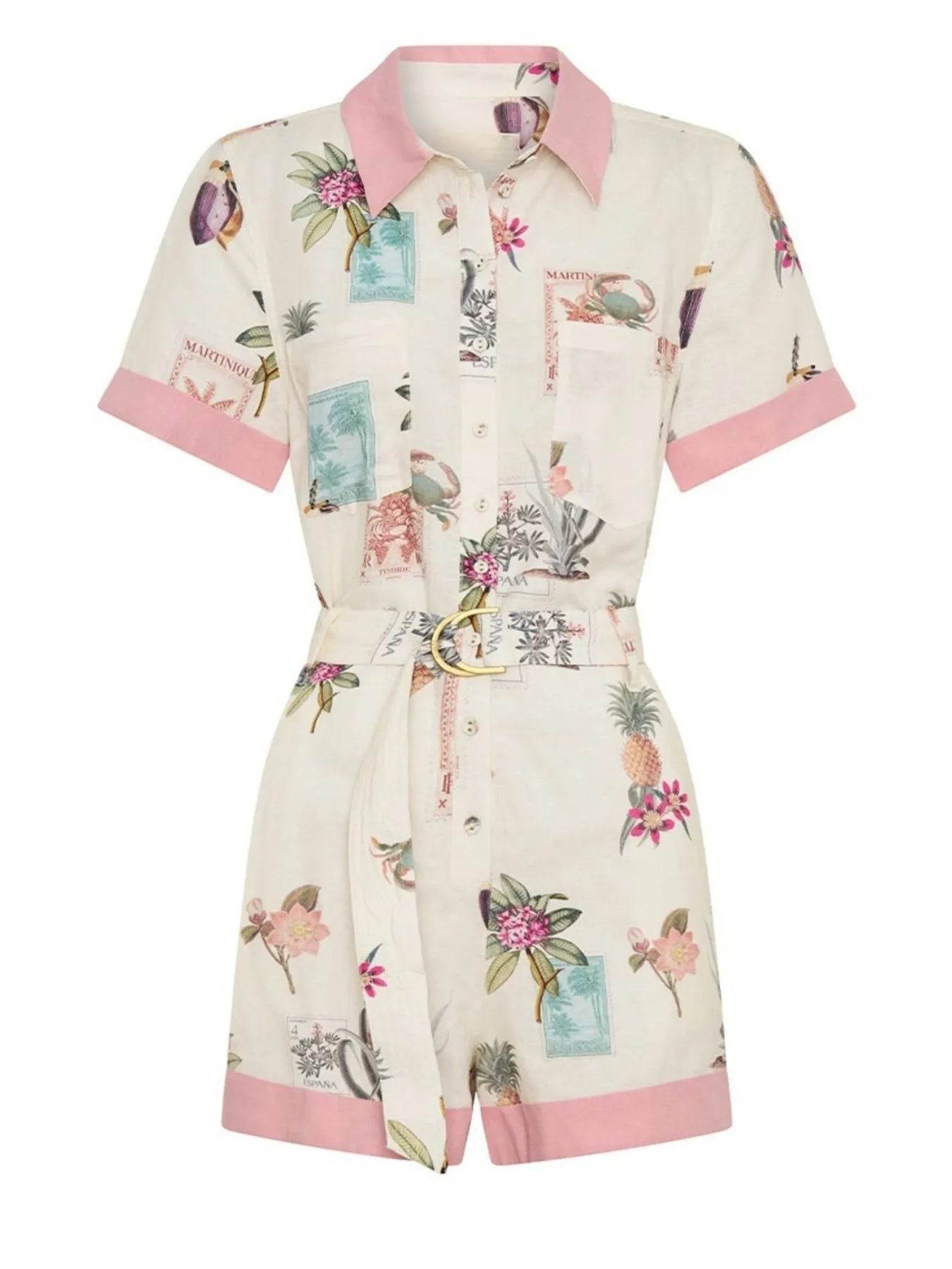 Printed Short Sleeve Romper with Belt - Ultim8 Designs 4 U