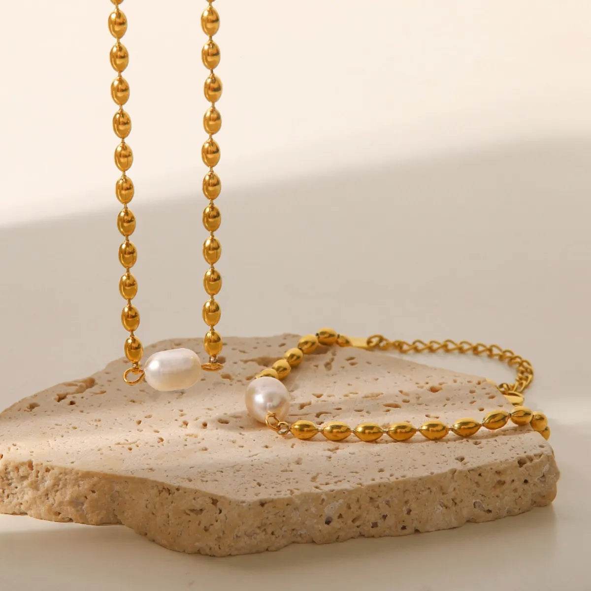 Pearl and Gold Chain Jewelry Set with Necklace and Bracelet - Ultim8 Designs 4 U