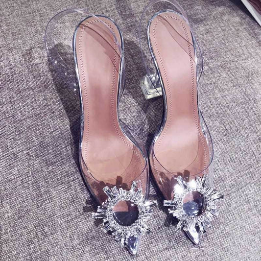 Women Pumps Elegant Pointed Toe Rhinestones High Heels Wedding Shoes Crystal Clear Heeled Slingback Pumps Sandals Sexy Heels - Ultim8 Designs 4 U