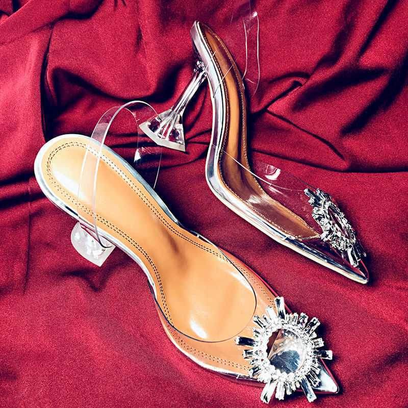 Women Pumps Elegant Pointed Toe Rhinestones High Heels Wedding Shoes Crystal Clear Heeled Slingback Pumps Sandals Sexy Heels - Ultim8 Designs 4 U