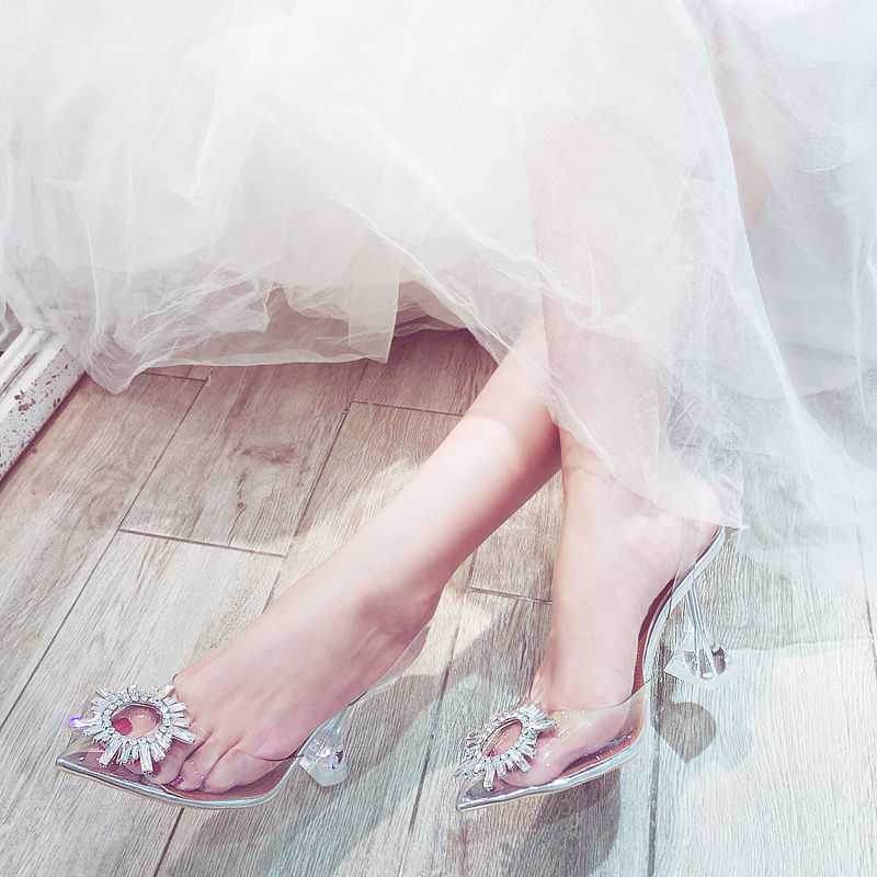 Women Pumps Elegant Pointed Toe Rhinestones High Heels Wedding Shoes Crystal Clear Heeled Slingback Pumps Sandals Sexy Heels - Ultim8 Designs 4 U