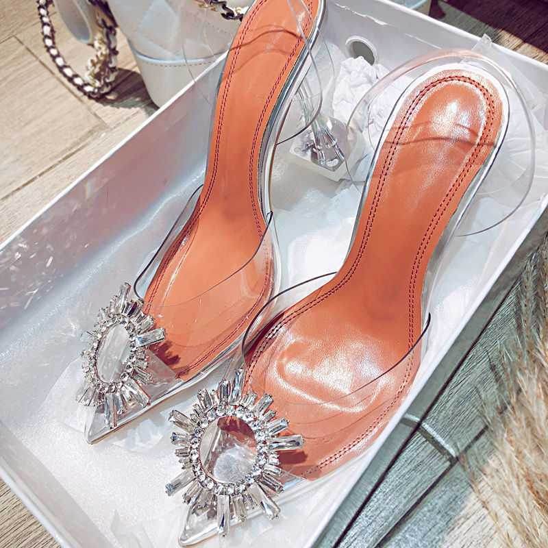Women Pumps Elegant Pointed Toe Rhinestones High Heels Wedding Shoes Crystal Clear Heeled Slingback Pumps Sandals Sexy Heels - Ultim8 Designs 4 U