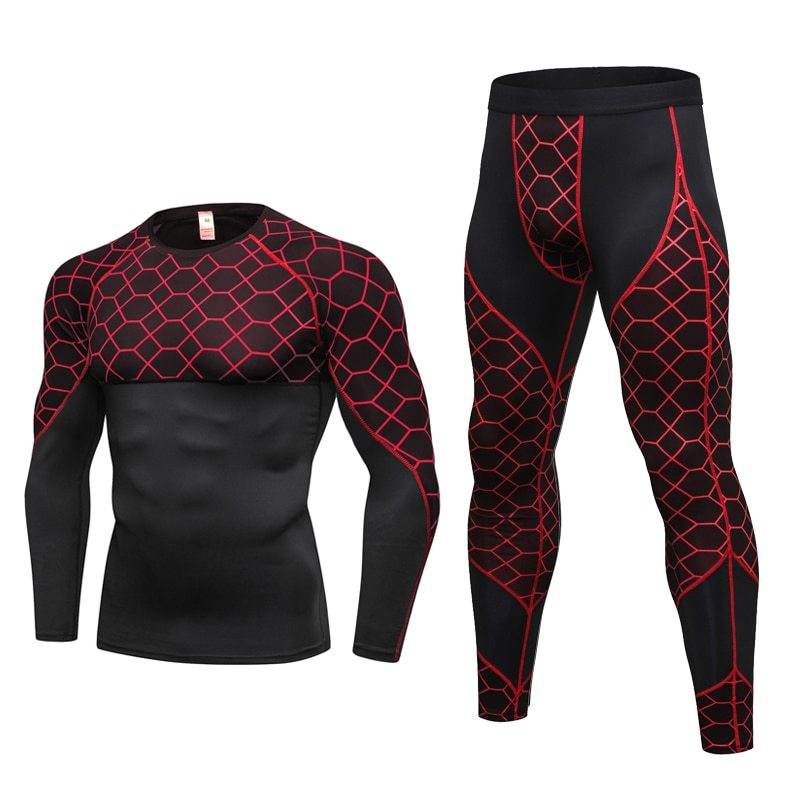 Men's Compression Run jogging Suits Grid Clothes Sports Set Long t shirt And Pants Gym Fitness workout Tights clothing 2pcs Sets - Ultim8 Designs 4 U