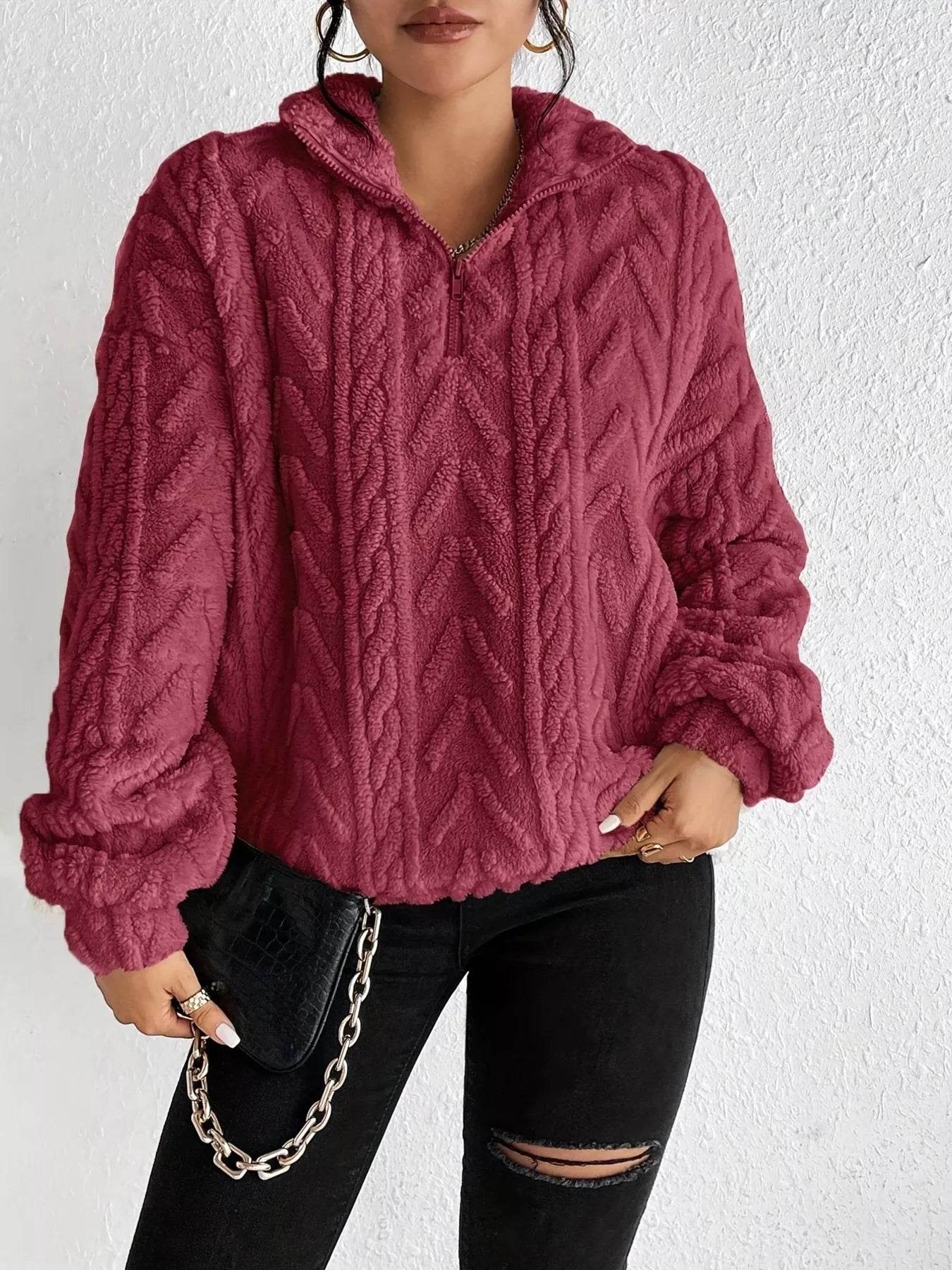 Quarter Zip Dropped Shoulder Sherpa Sweatshirt - Ultim8 Designs 4 U
