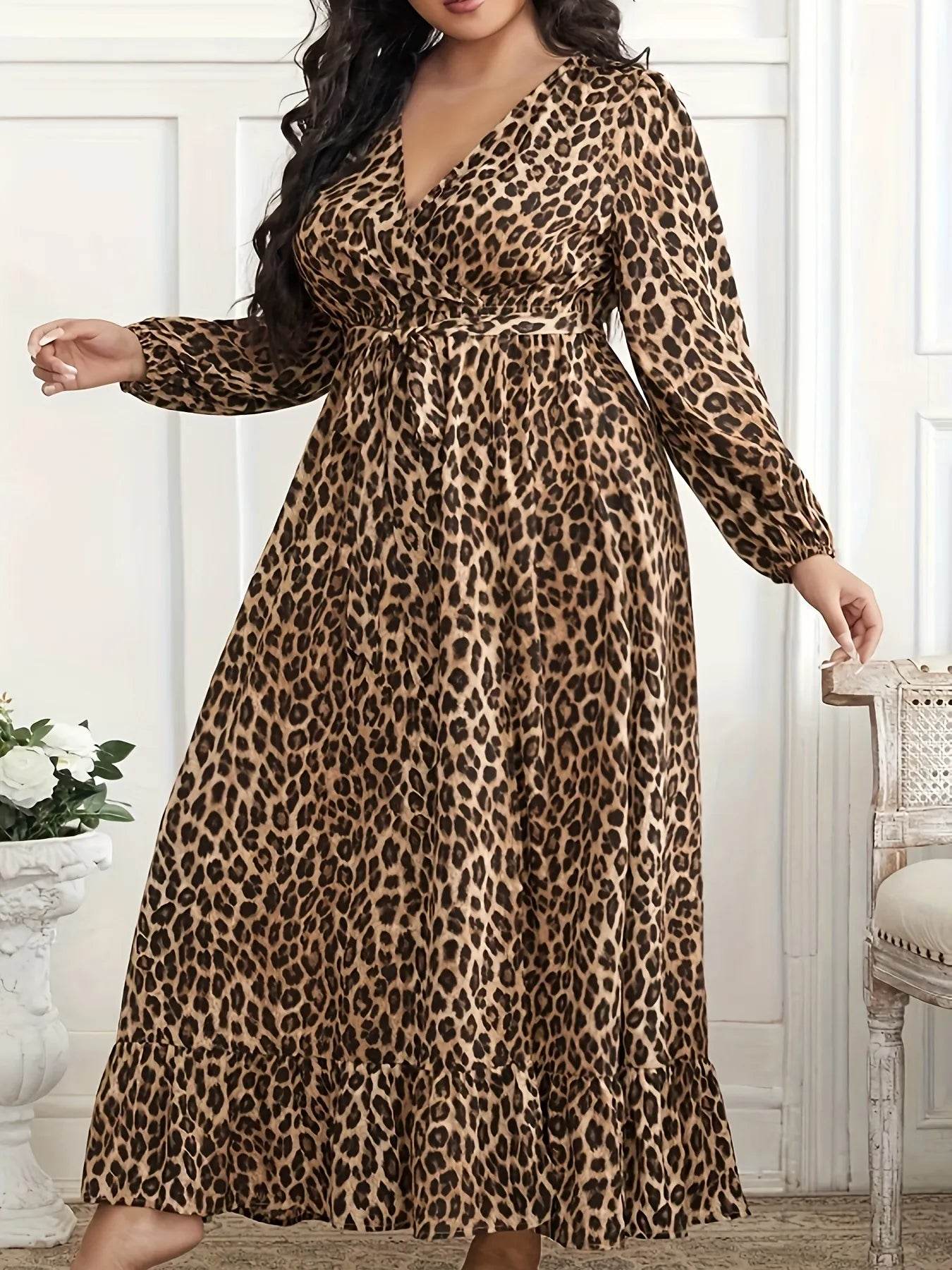 Plus Size Leopard Print Surplice Maxi Dress - Ultim8 Designs 4 U