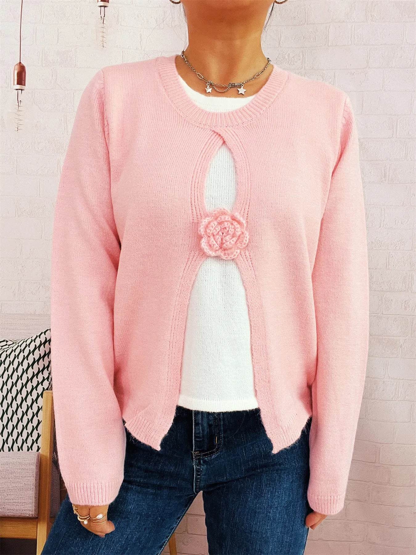 Flower Contrast Round Neck Sweater - Ultim8 Designs 4 U