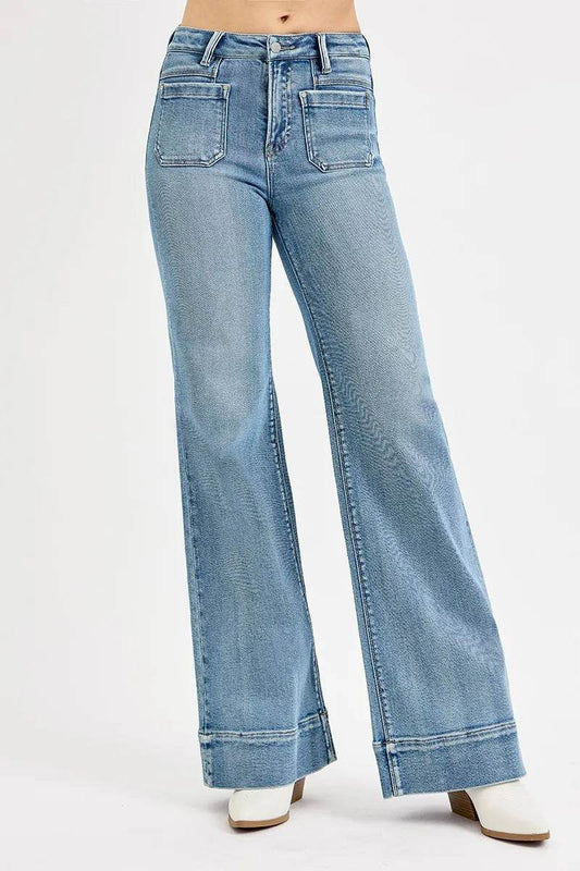 RISEN Full Size High Rise Wide Flare Patch Pocket Jeans Plus Size - Ultim8 Designs 4 U