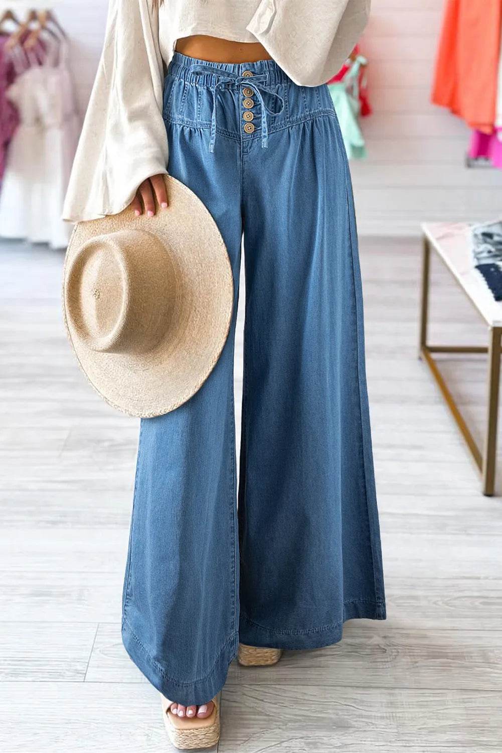 Drawstring Elastic Waist Wide Leg Jeans - Ultim8 Designs 4 U