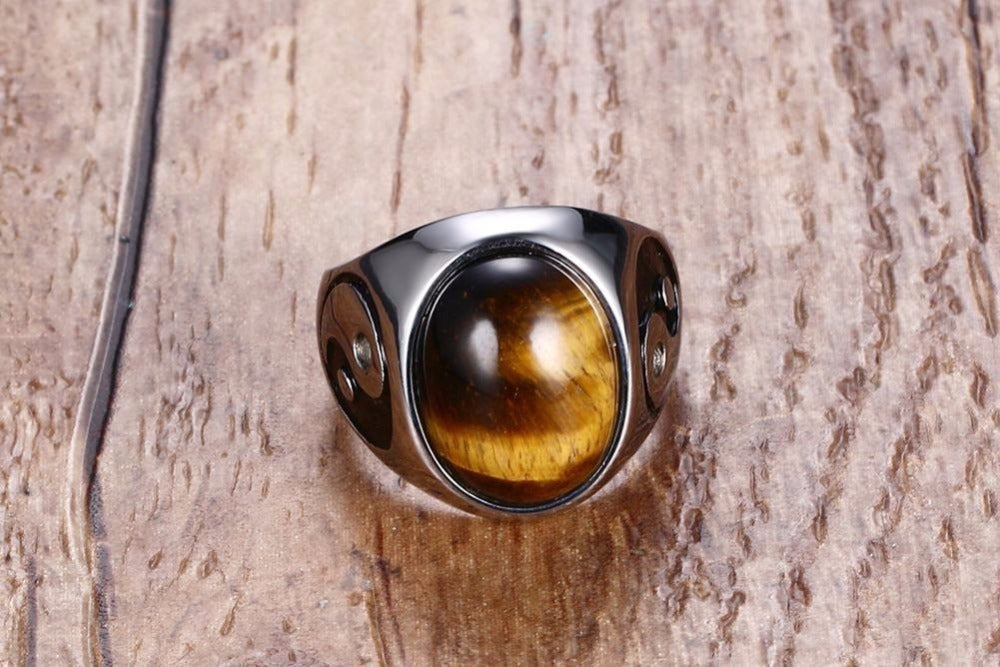 Tiger Eye Stone Ring with Yin Yang - Vintage Men's Stainless Steel Jewelry Gift