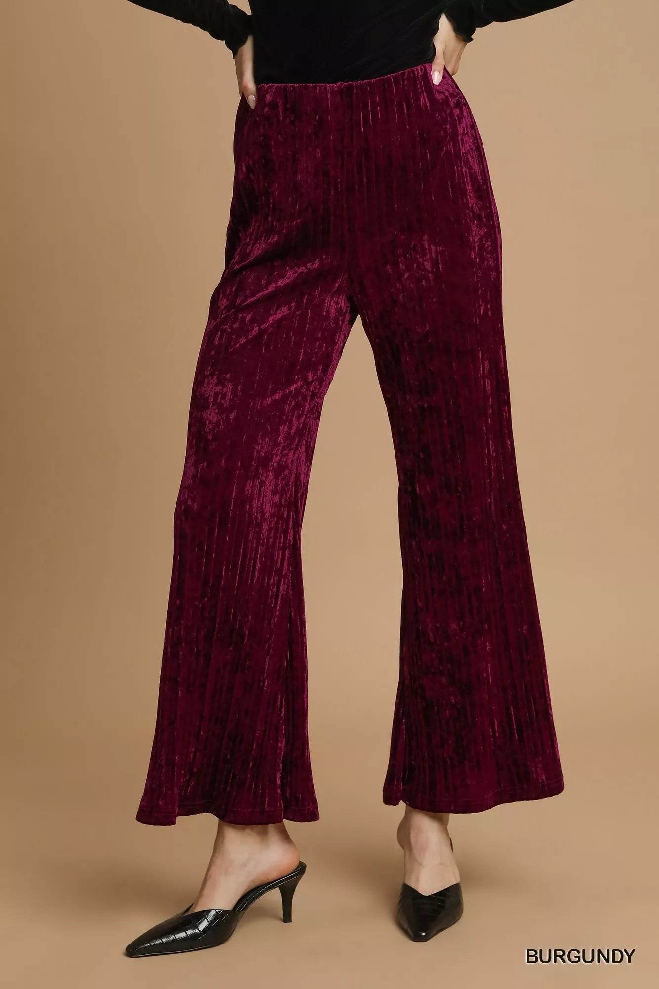 Umgee Velvet Pleated Wide Leg Pants - Ultim8 Designs 4 U
