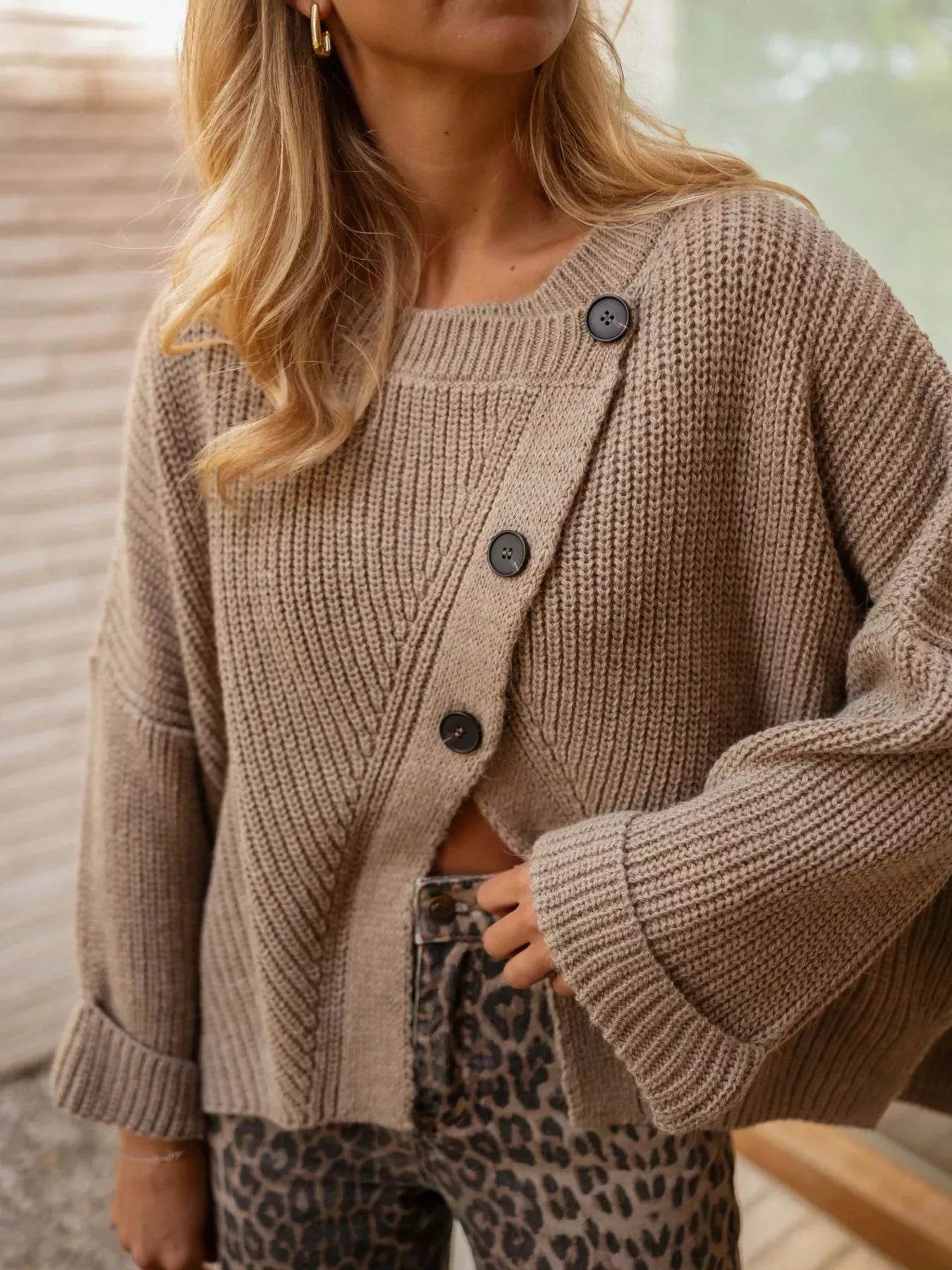 Asymmetrical Button Detail Sweater - Ultim8 Designs 4 U