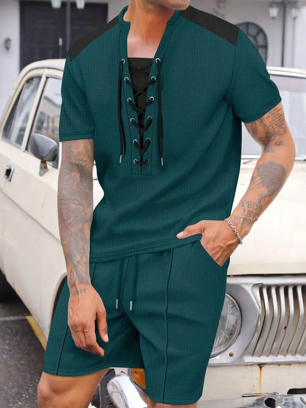 Men's Full Size Lace-Up Waffle Knit Top and Shorts Set Plus Size - Ultim8 Designs 4 U