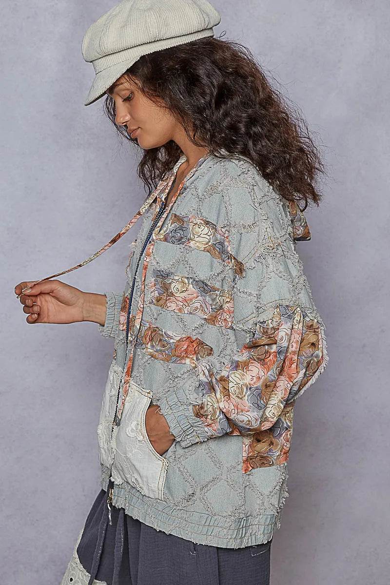 POL Zip Up Floral and Lace Patch Washed Denim Jacket - Ultim8 Designs 4 U