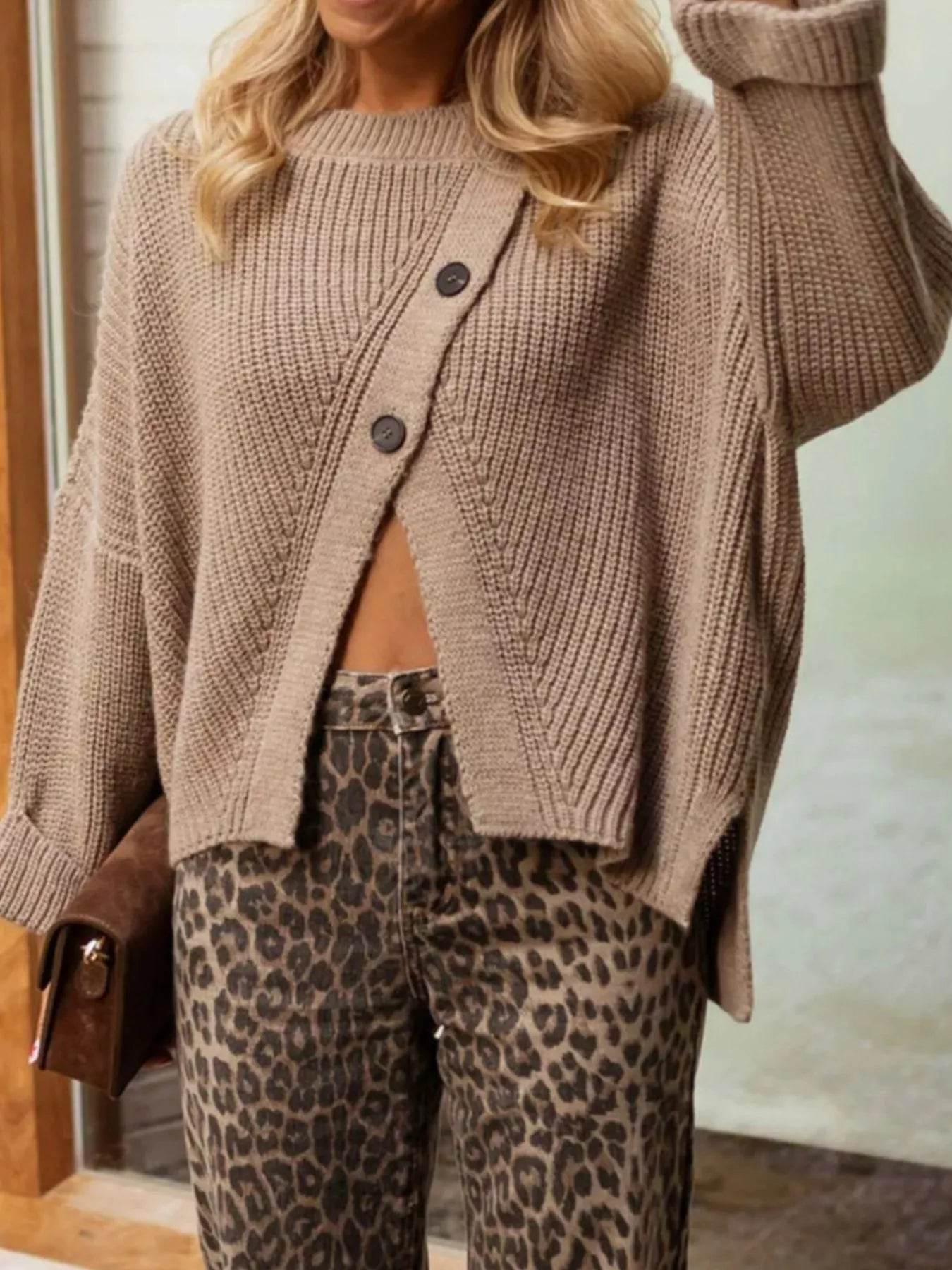 Asymmetrical Button Detail Sweater - Ultim8 Designs 4 U