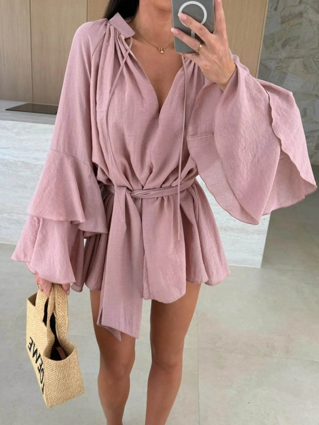 Bell Sleeve Tie Waist Mini Shirt Dress - Ultim8 Designs 4 U