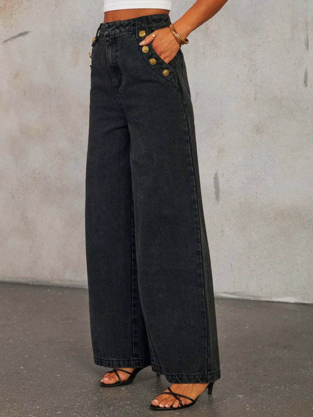 Button Decor High Rise Wide Leg Jeans - Ultim8 Designs 4 U