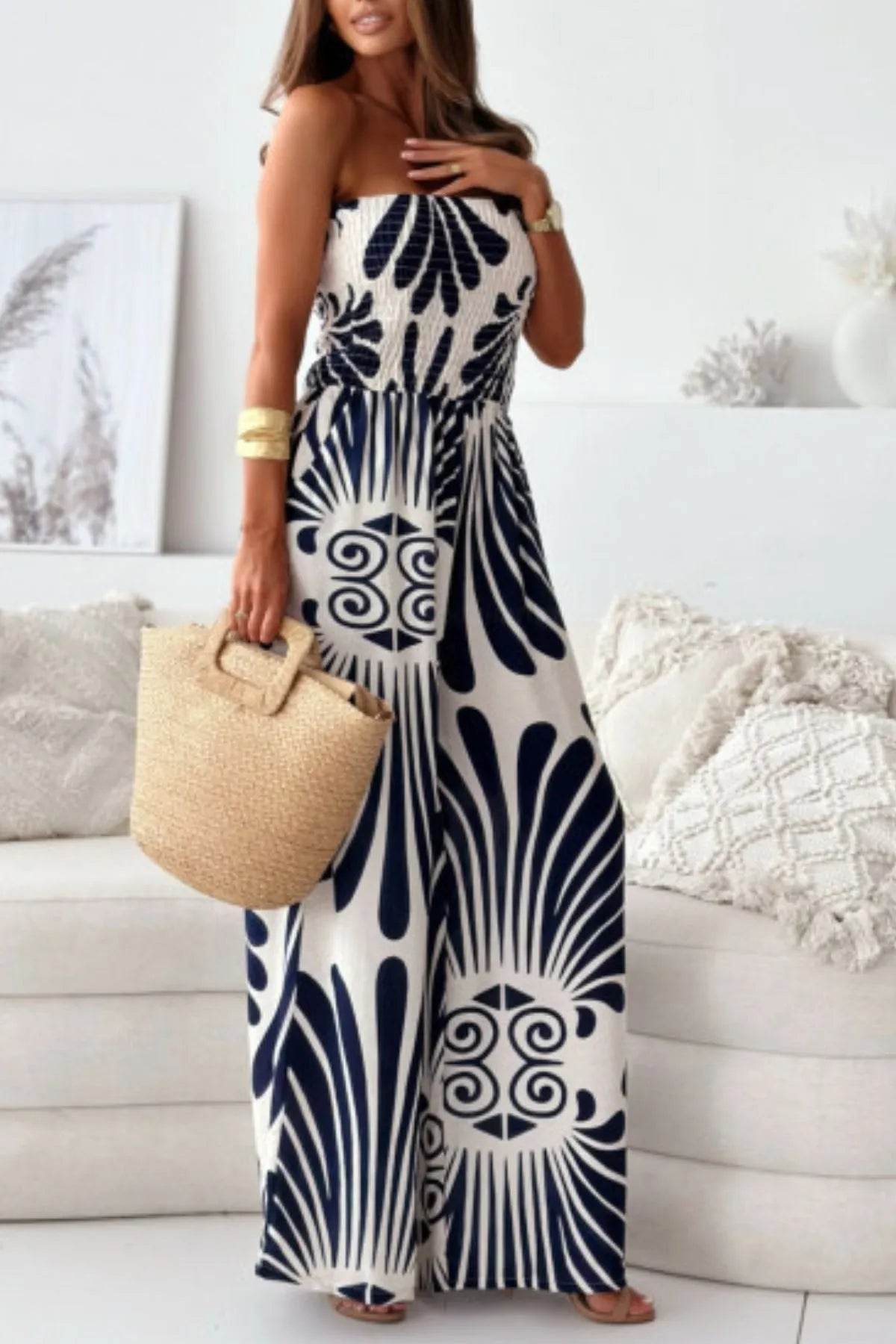 Printed Smocked Tube Wide Leg Jumpsuit - Ultim8 Designs 4 U