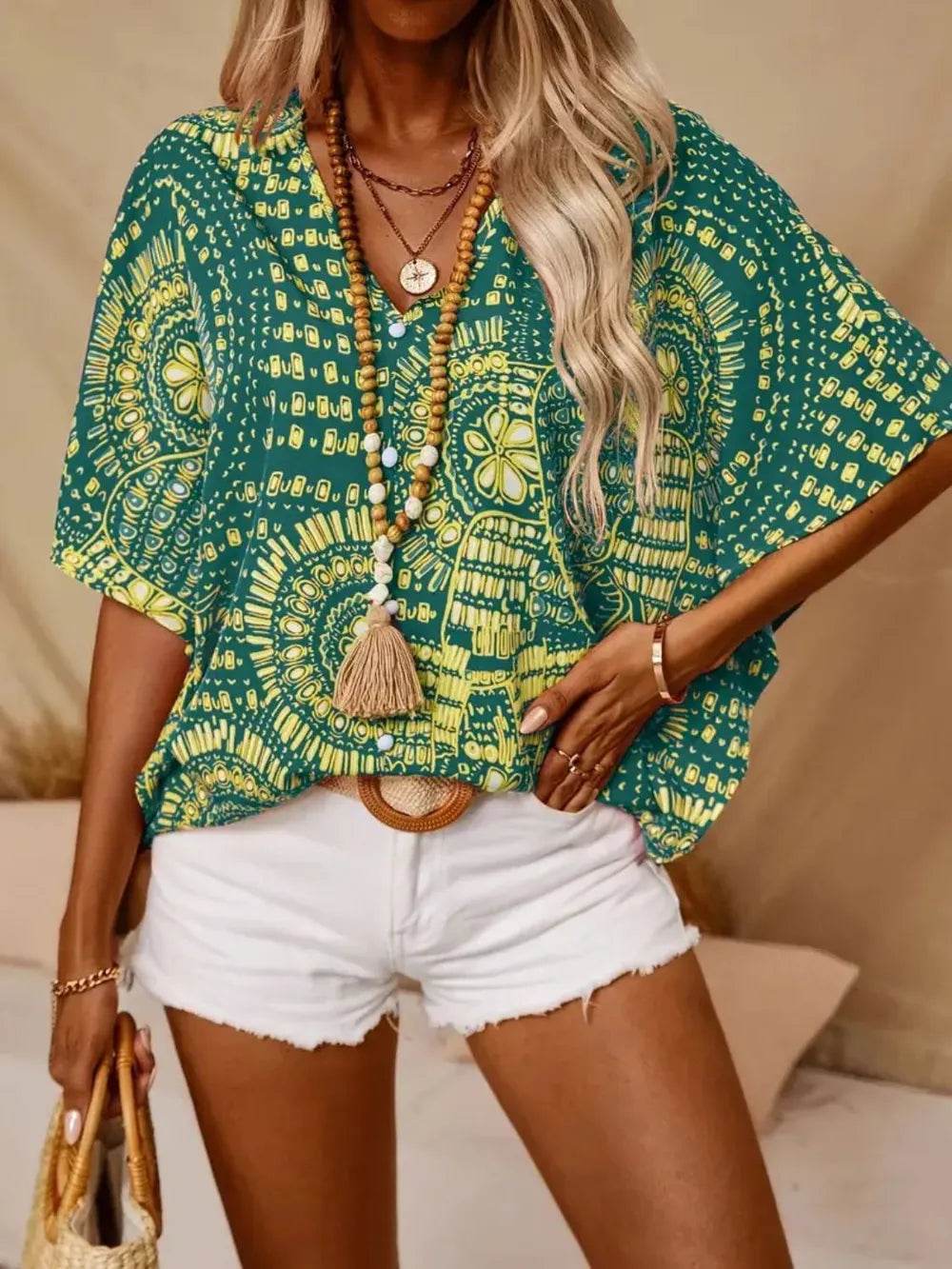 Printed V-Neck Half Sleeve Top - Ultim8 Designs 4 U