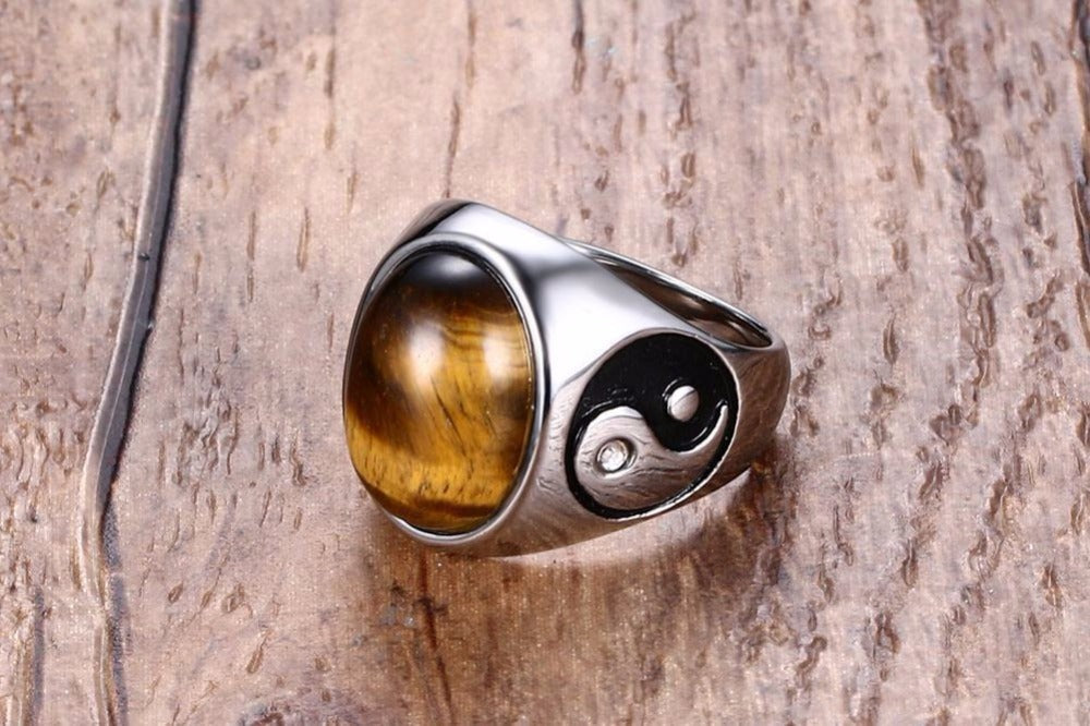 Tiger Eye Stone Ring with Yin Yang - Vintage Men's Stainless Steel Jewelry Gift