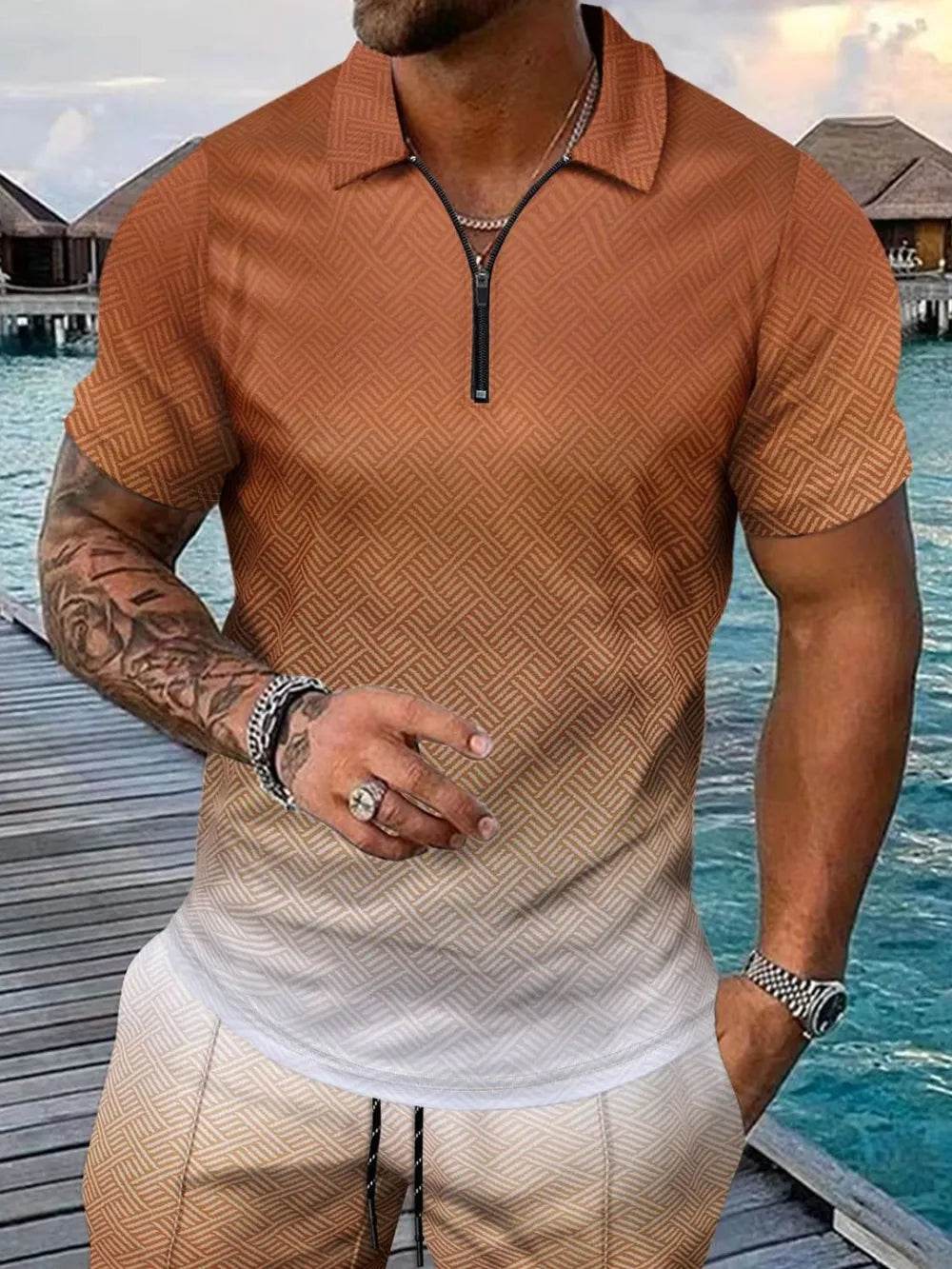 Men's Full Size Gradient Collared Neck Top and Shorts Set Plus Size - Ultim8 Designs 4 U