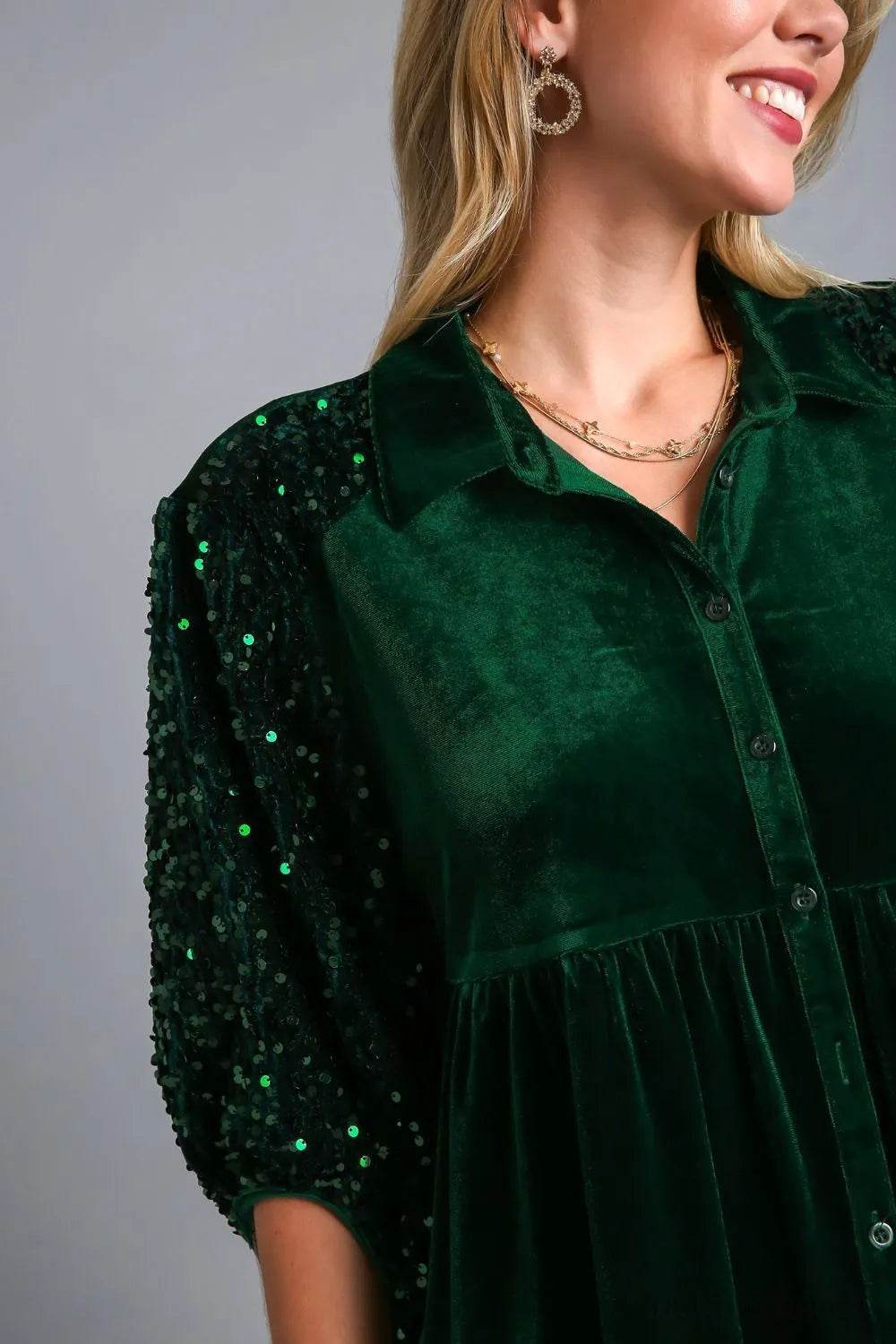 Umgee Sequin Detail Tiered Back Half Sleeve Shirt - Ultim8 Designs 4 U