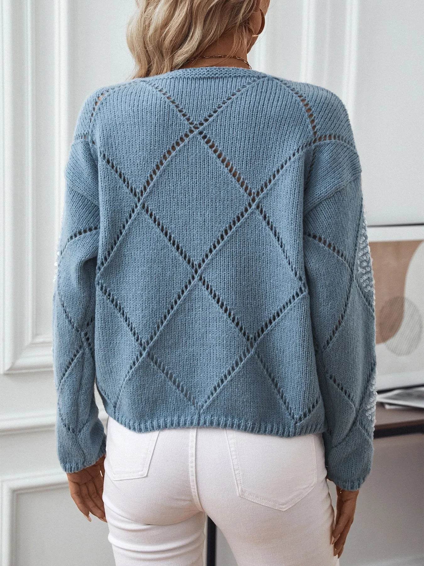 Sequin Openwork Long Sleeve Sweater - Ultim8 Designs 4 U