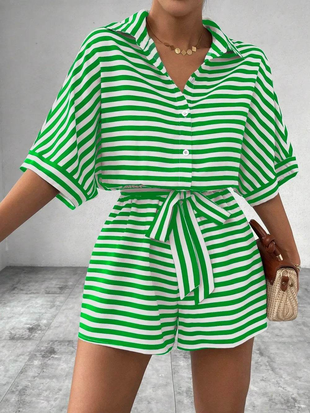 Tie Waist Half Button Striped Romper - Ultim8 Designs 4 U