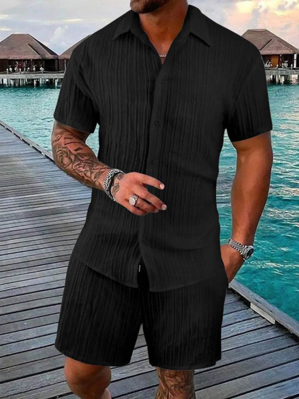 Men's Full Size Button Down Short Sleeve Shirt and Shorts Set Plus Size - Ultim8 Designs 4 U