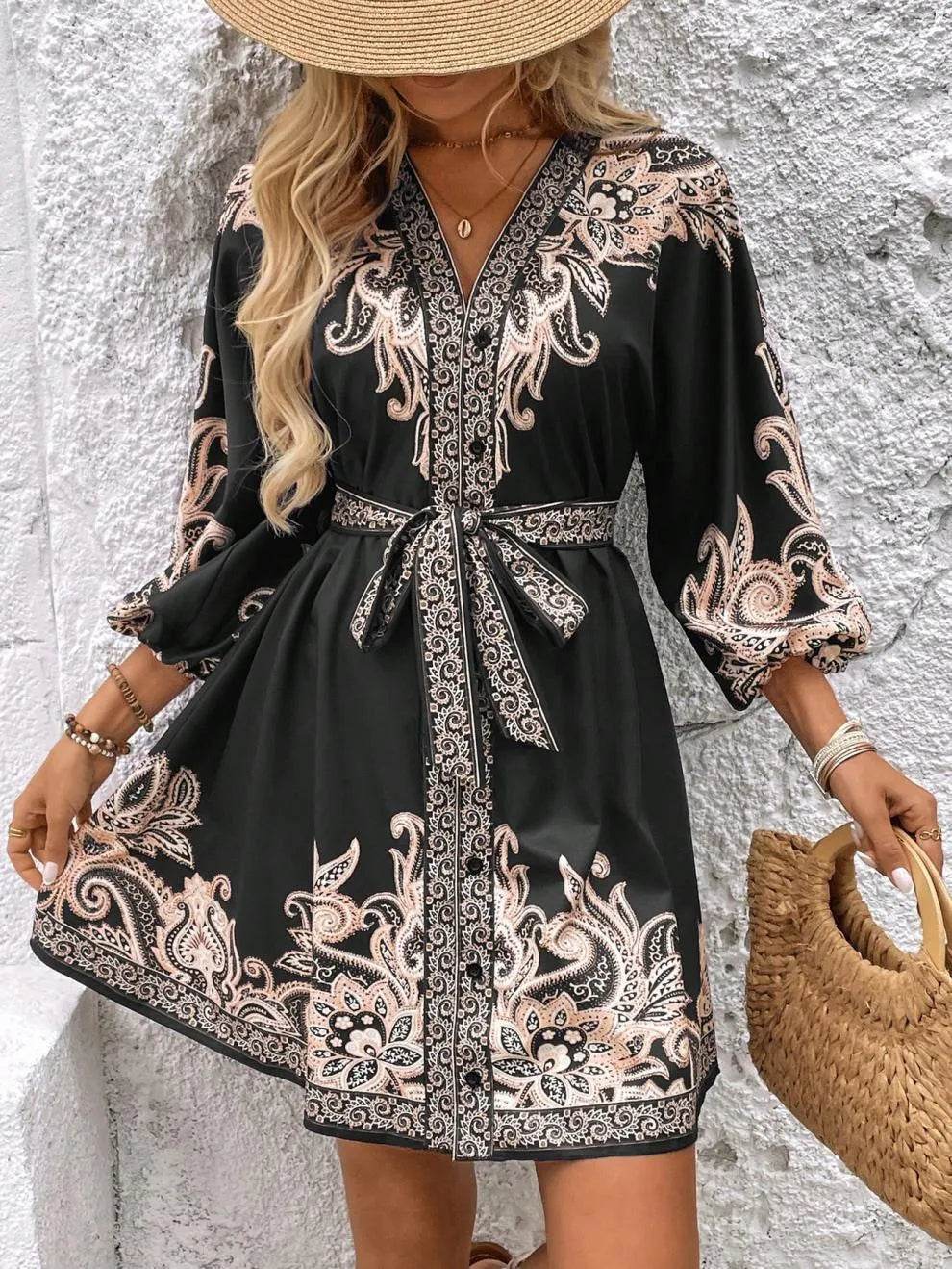 Paisley V-Neck 3/4 Sleeve Mini Dress - Ultim8 Designs 4 U