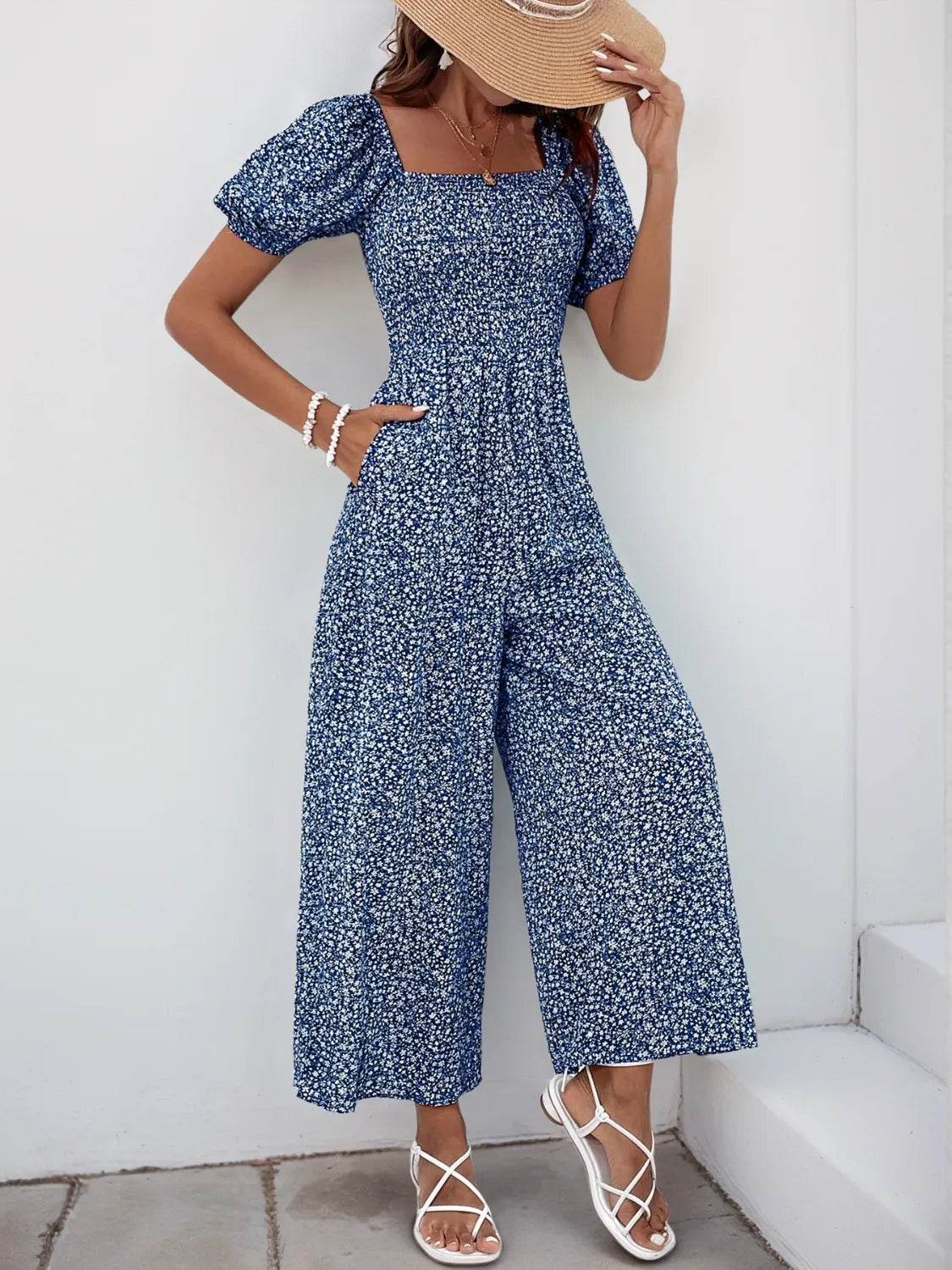 Printed Square Neck Puff Sleeve Jumpsuit - Ultim8 Designs 4 U