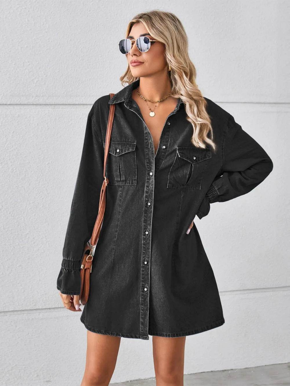 Pocketed Dropped Shoulder Mini Denim Dress - Ultim8 Designs 4 U