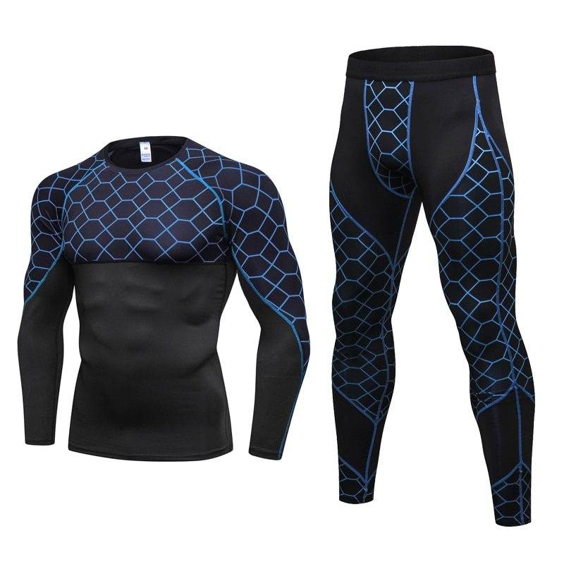 Men's Compression Run jogging Suits Grid Clothes Sports Set Long t shirt And Pants Gym Fitness workout Tights clothing 2pcs Sets - Ultim8 Designs 4 U