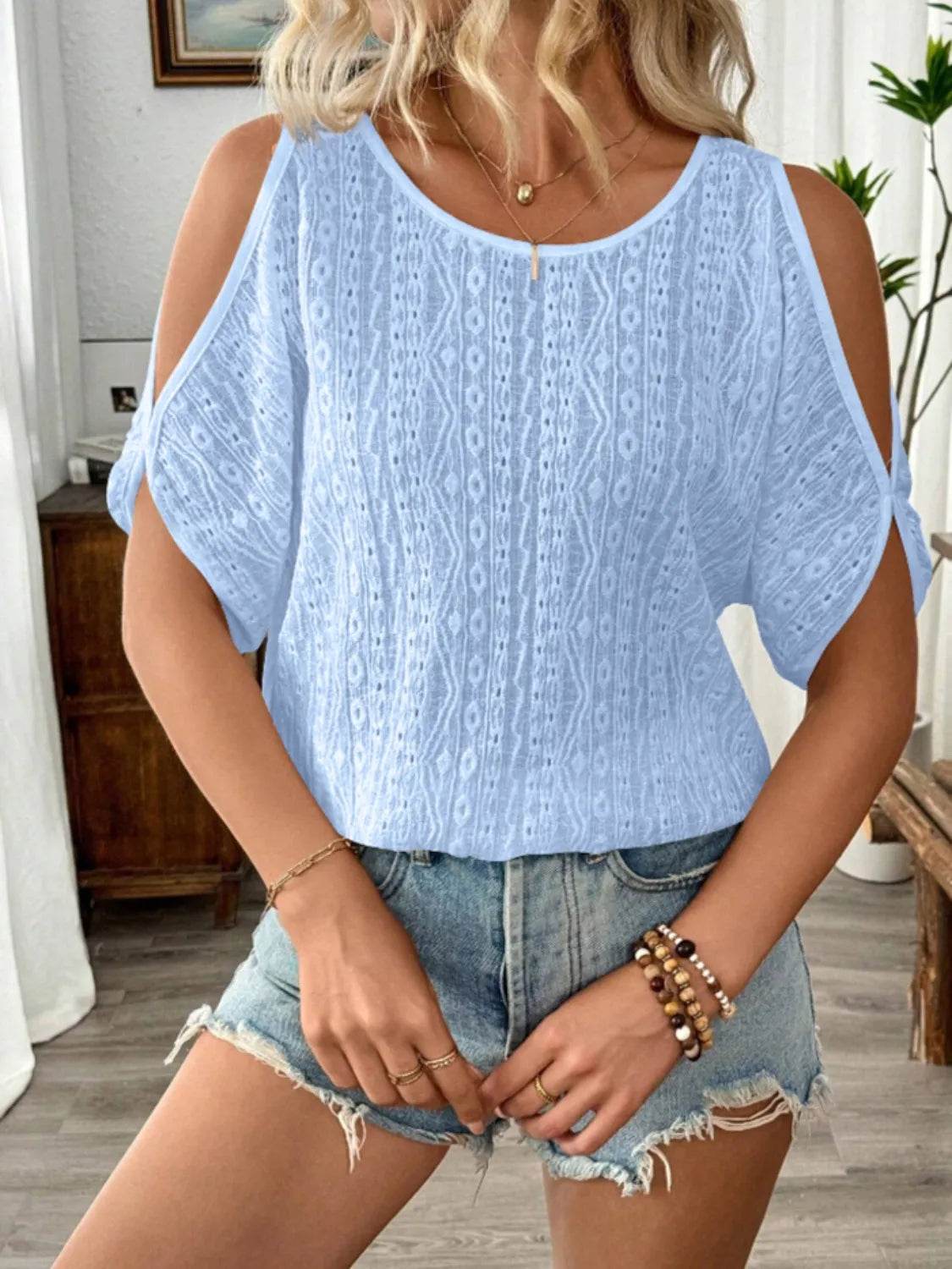 Eyelet Cold Shoulder Round Neck Blouse - Ultim8 Designs 4 U