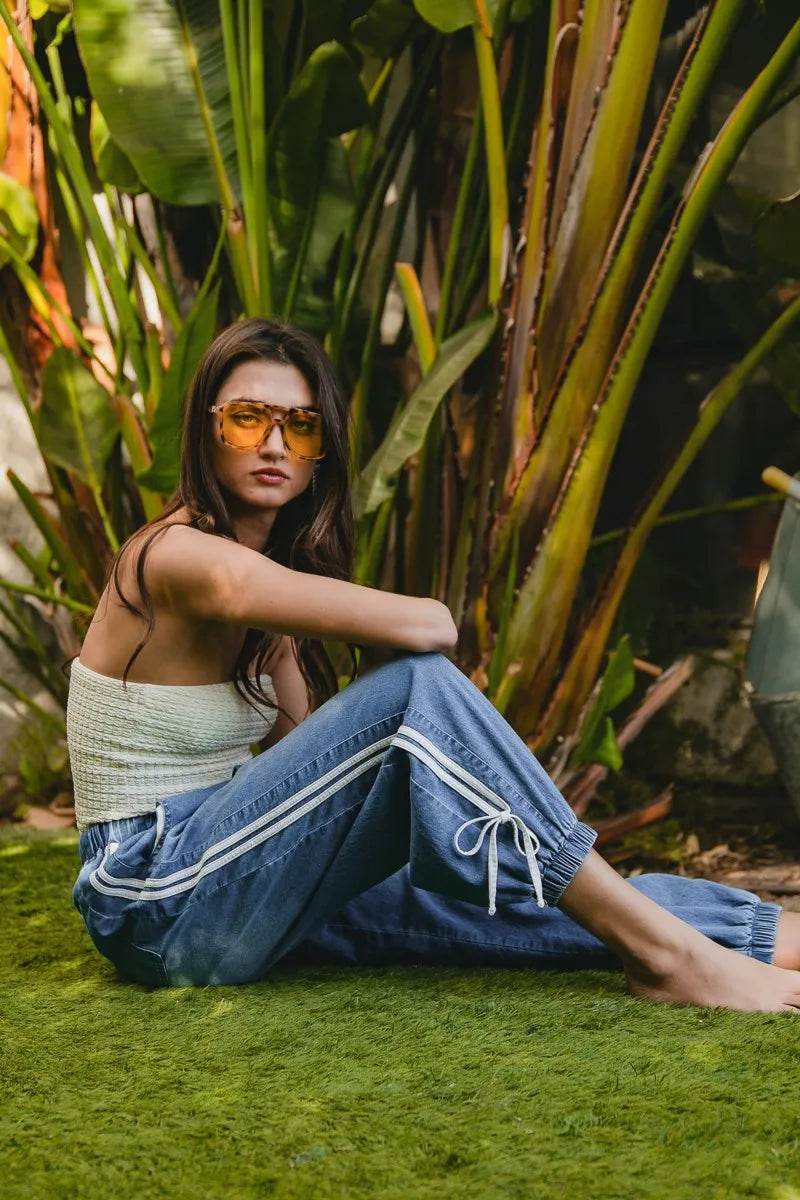 BiBi Striped Tape Details With Bot Tied Point Elastic Waist Jeans - Ultim8 Designs 4 U