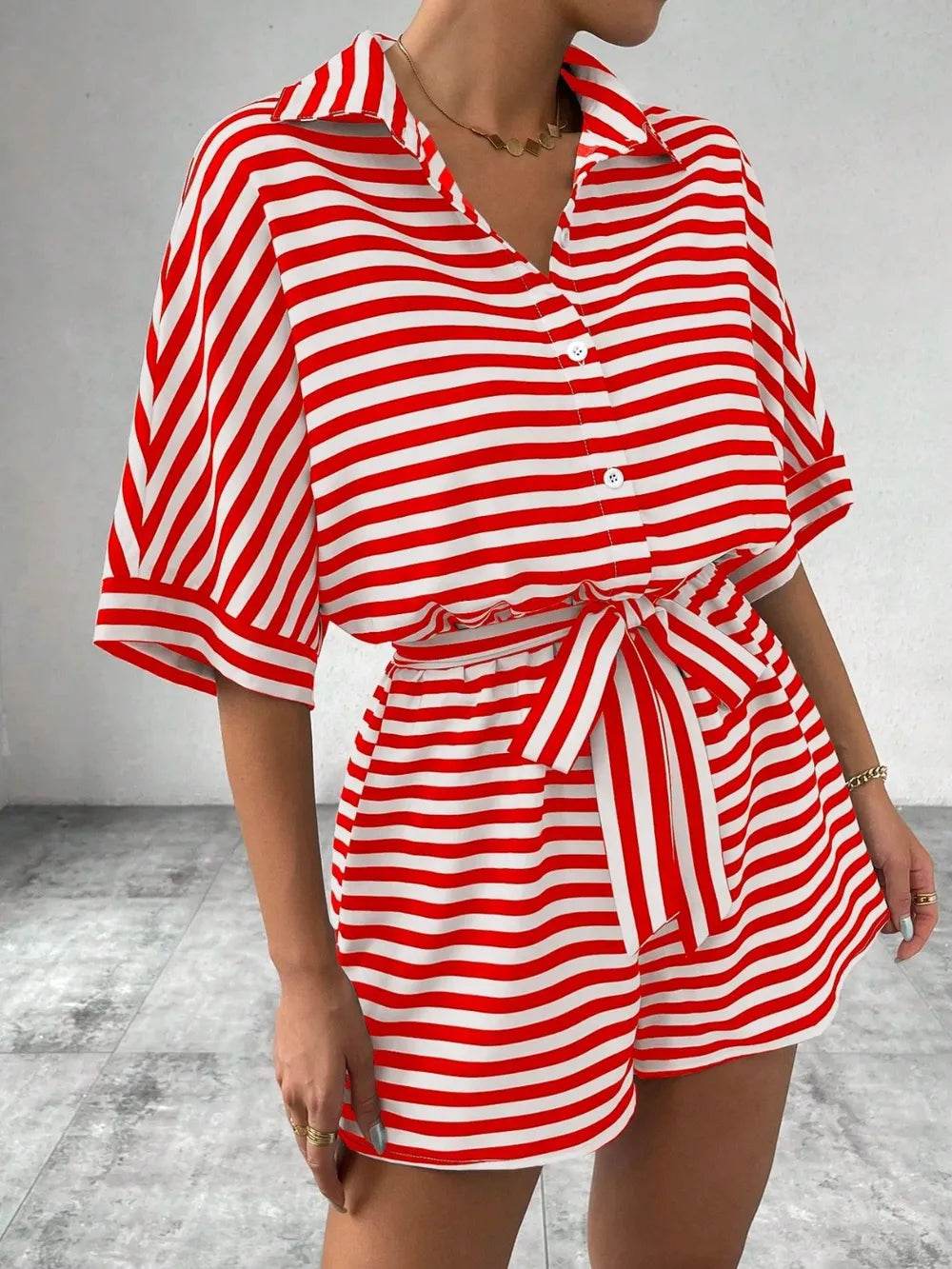 Tie Waist Half Button Striped Romper - Ultim8 Designs 4 U