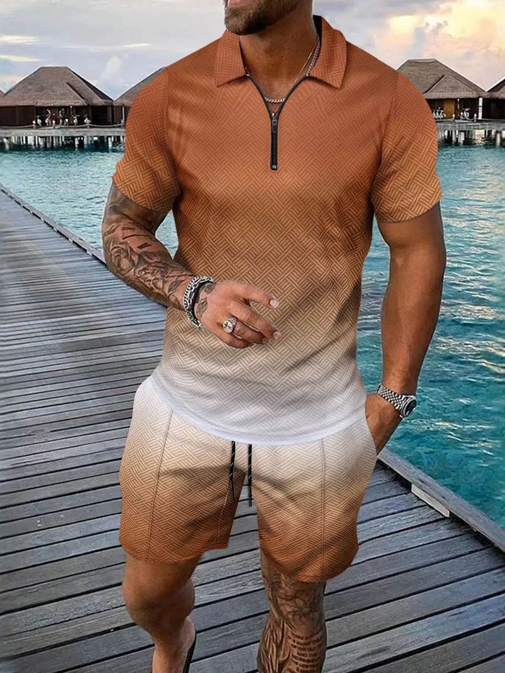 Men's Full Size Gradient Collared Neck Top and Shorts Set Plus Size - Ultim8 Designs 4 U