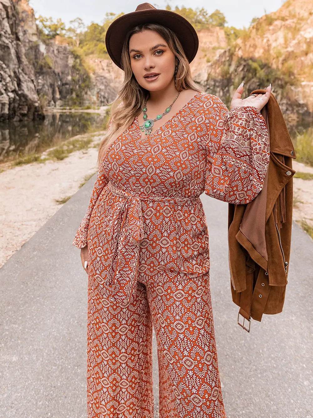 Plus Size Printed V-Neck Tie Front Balloon Sleeve Jumpsuit - Ultim8 Designs 4 U