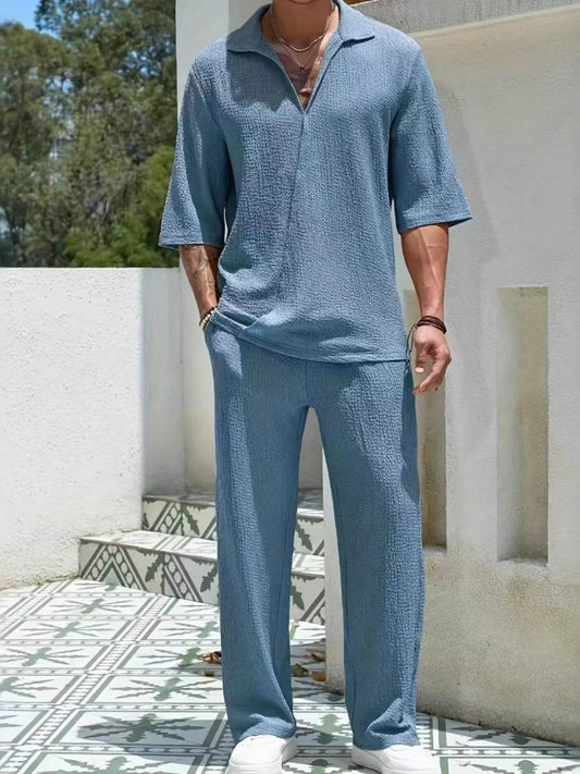 Men's Johnny Collar Half Sleeve Top and Pants Set - Ultim8 Designs 4 U