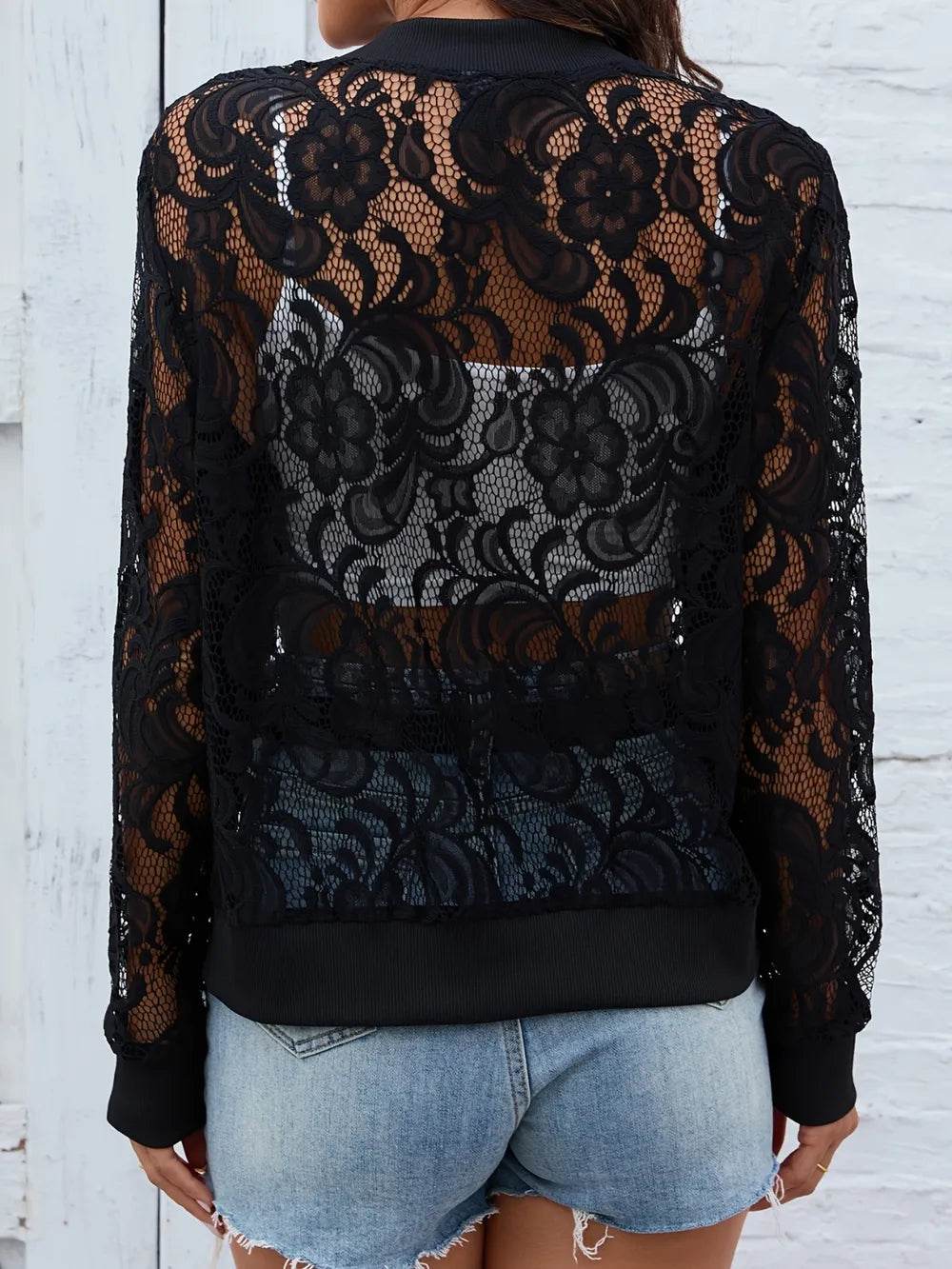 Sheer Lace Zip Up Long Sleeve Jacket - Ultim8 Designs 4 U