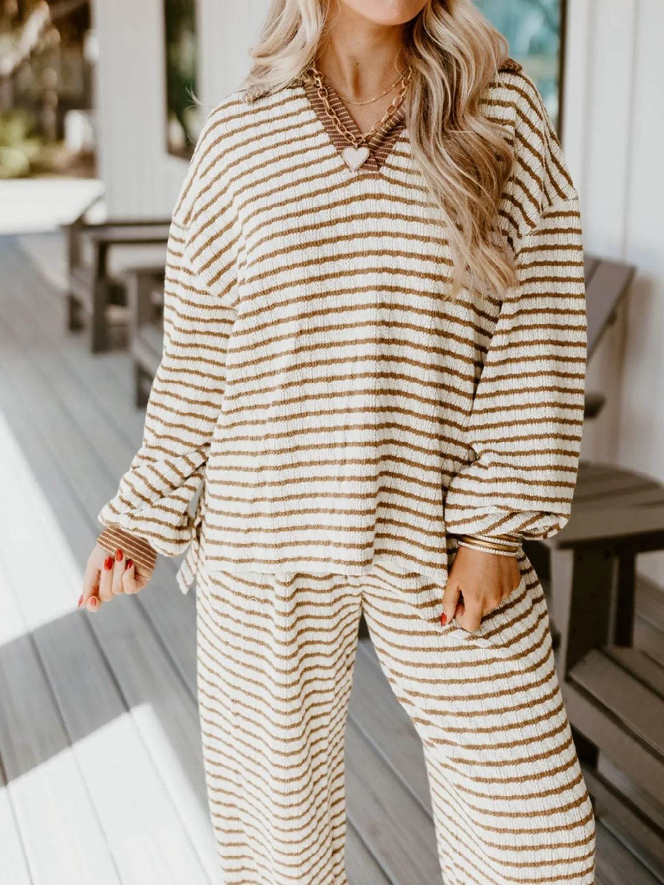 Stripe Collared Top and Drawstring Pant Set - Ultim8 Designs 4 U