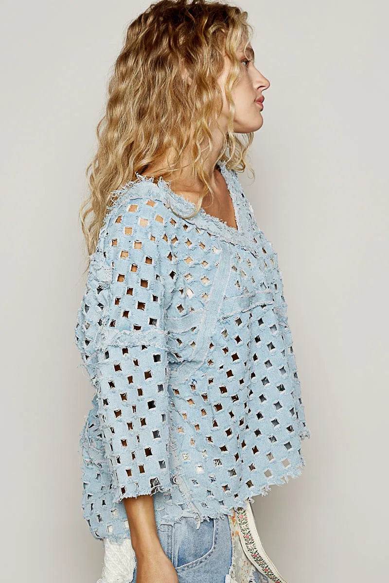 POL V-Neck Short Sleeve Top with Laser Cut Detail - Ultim8 Designs 4 U