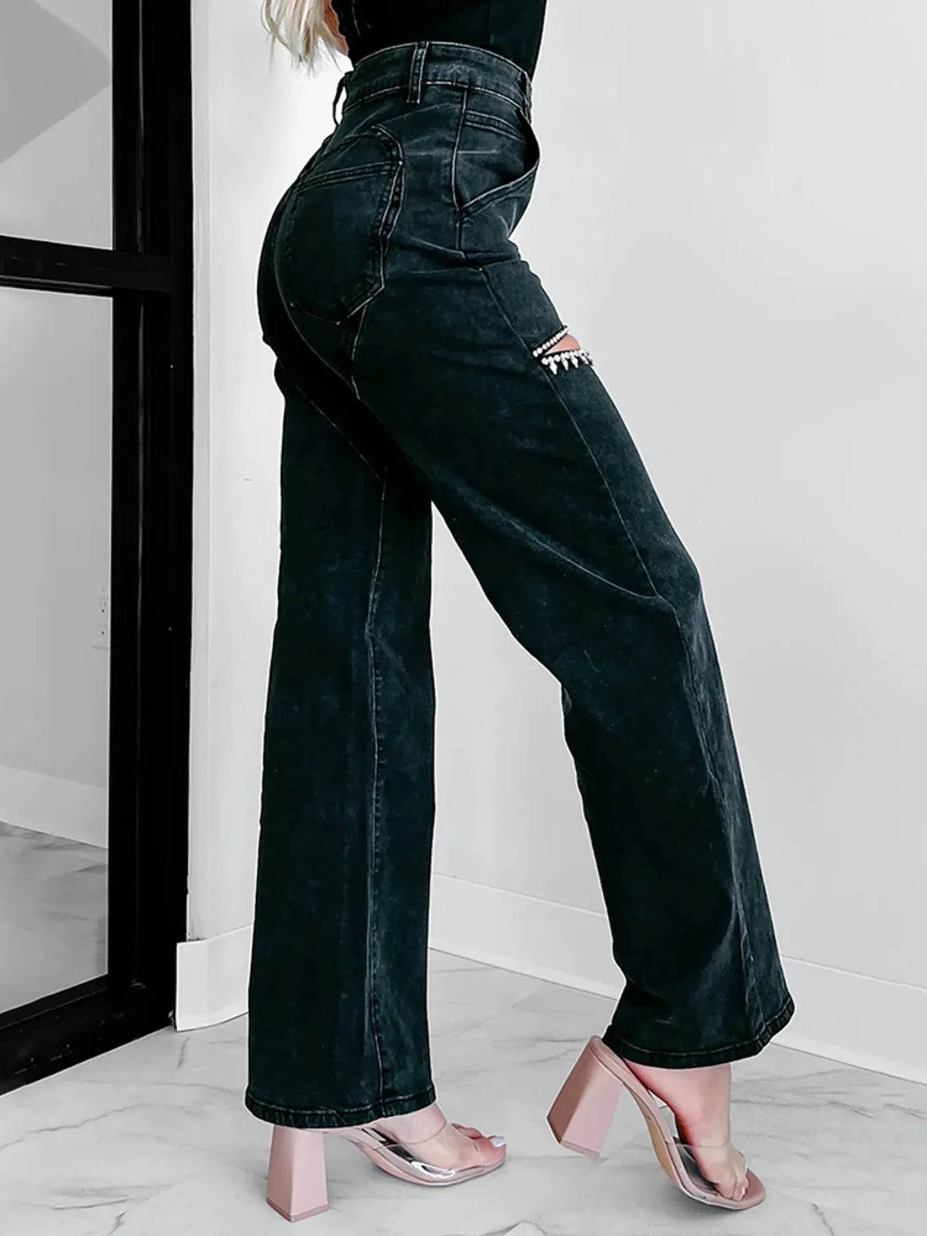 Ripped Wide Leg Wash Denim Jeans - Ultim8 Designs 4 U