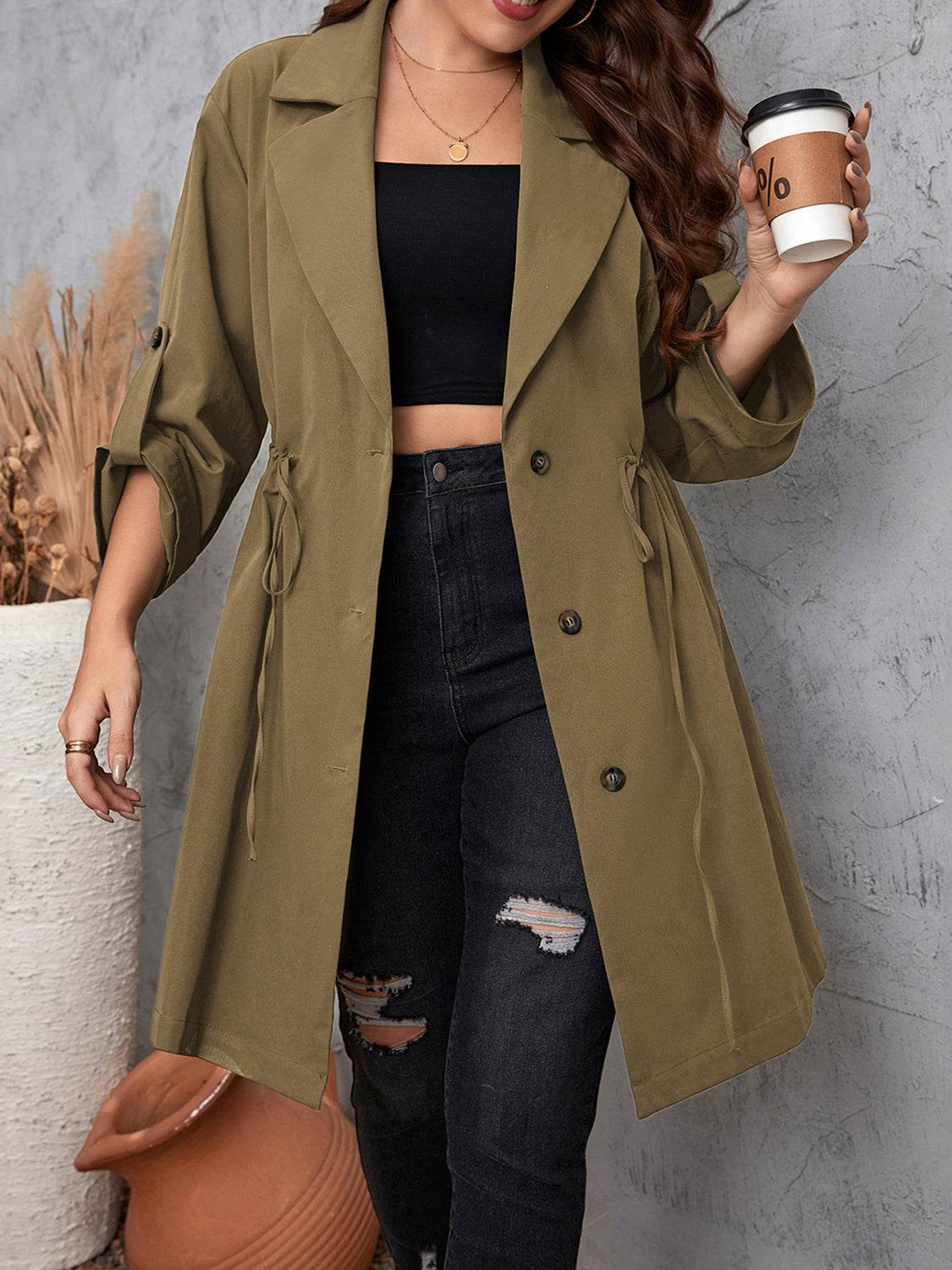 Honey Plus Size Lapel Collar Drawstring Roll-Tab Sleeve Trench Coat - Ultim8 Designs 4 U
