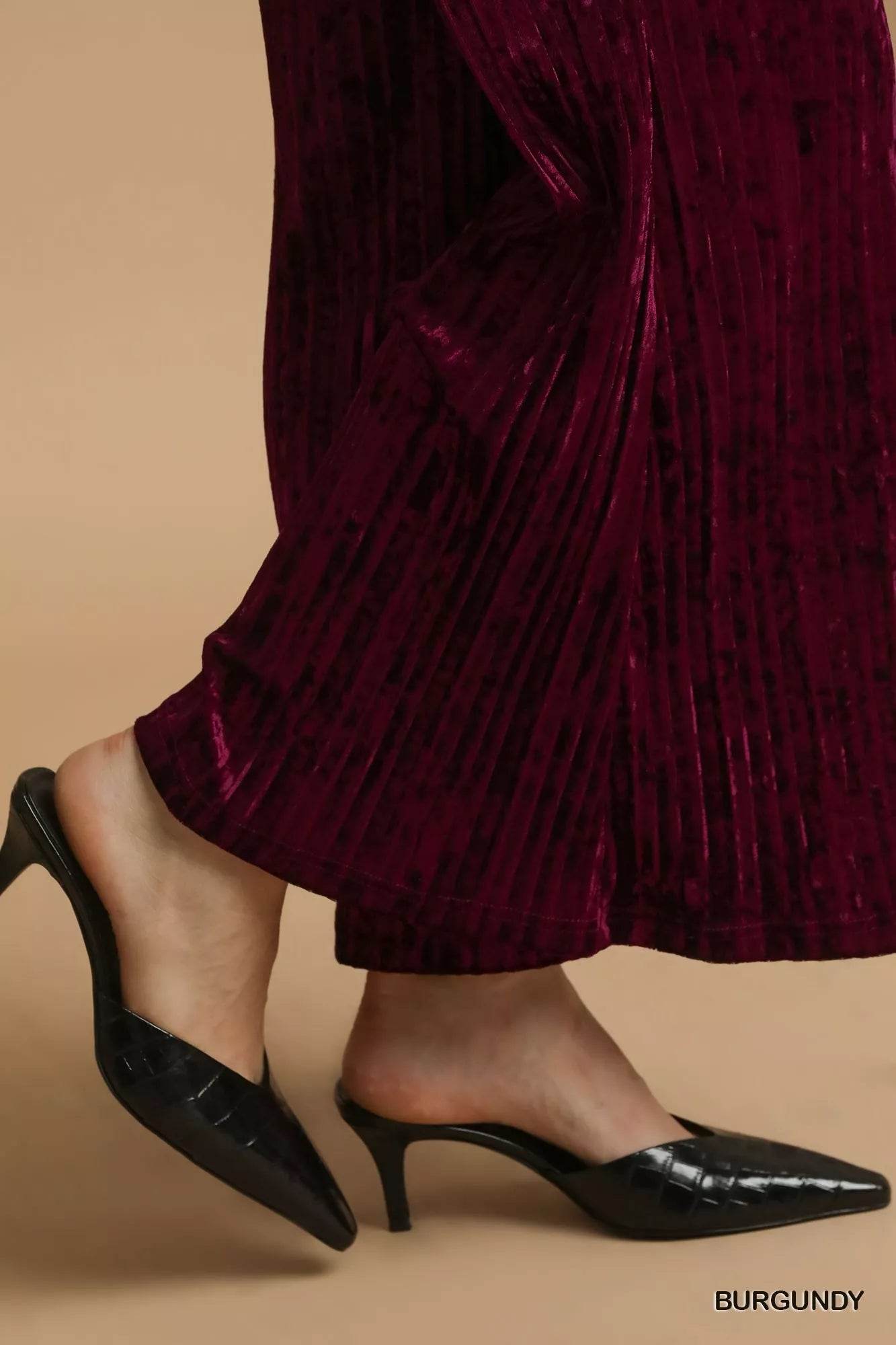 Umgee Velvet Pleated Wide Leg Pants - Ultim8 Designs 4 U