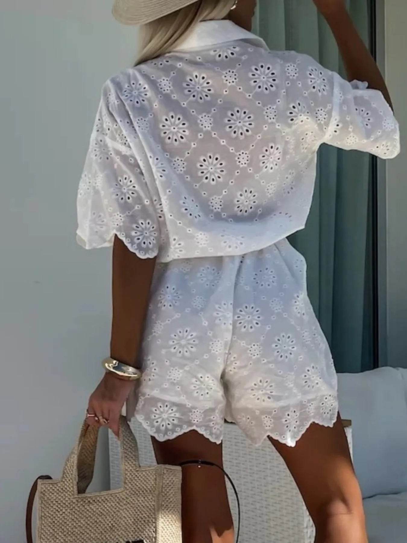 Eyelet Lace Button-Up Romper - Ultim8 Designs 4 U