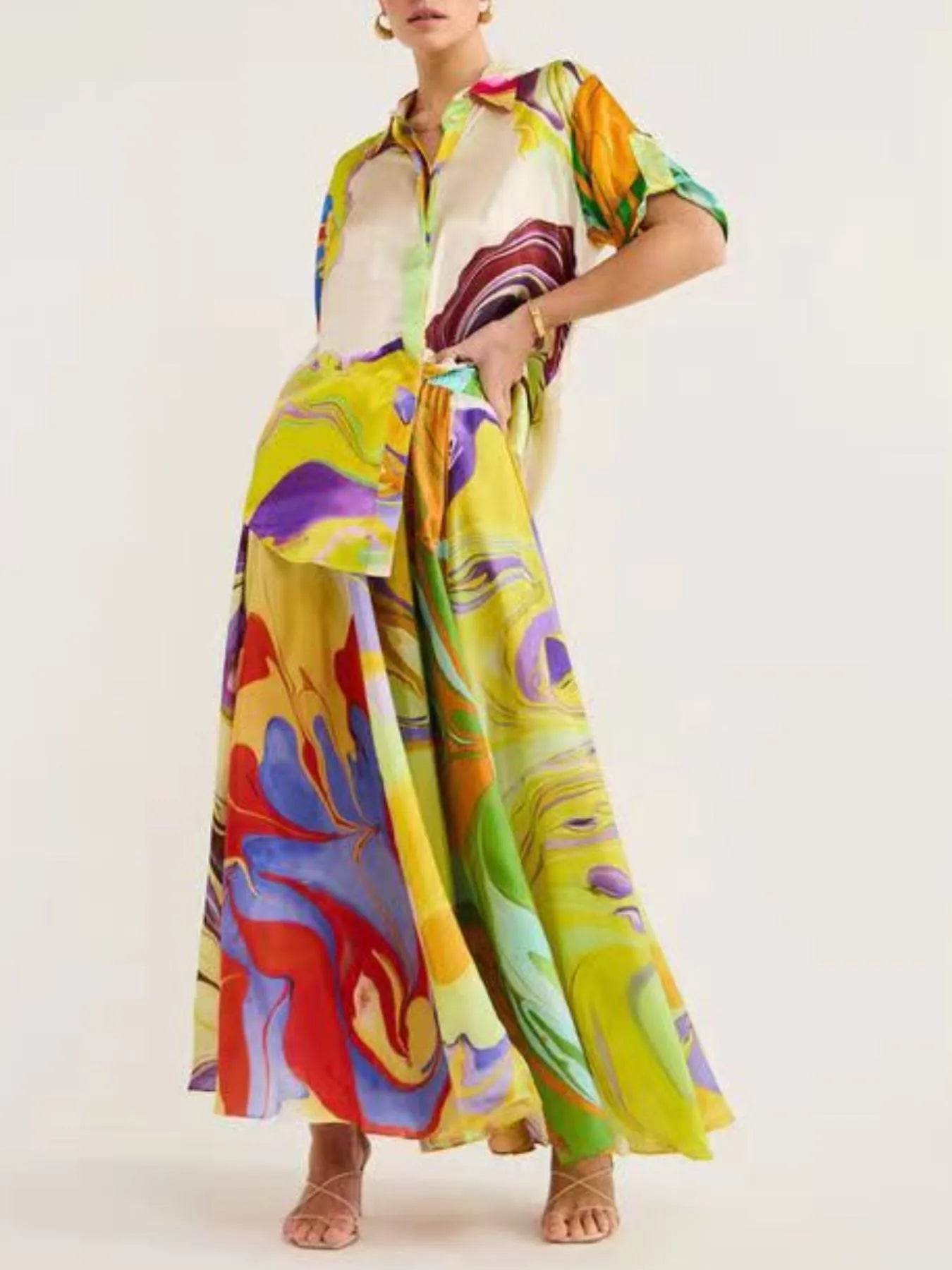Printed Button Up Shirt and Skirt Set - Ultim8 Designs 4 U