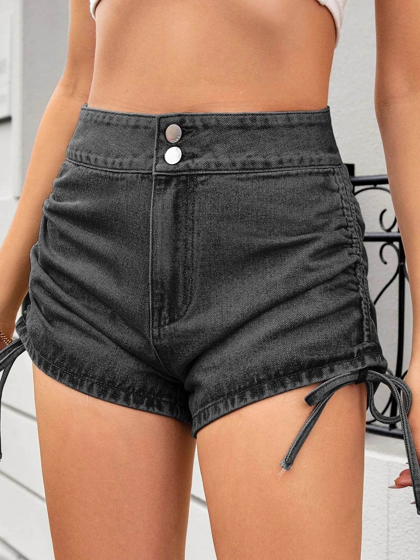 Ruched Side Drawstring Denim Shorts - Ultim8 Designs 4 U