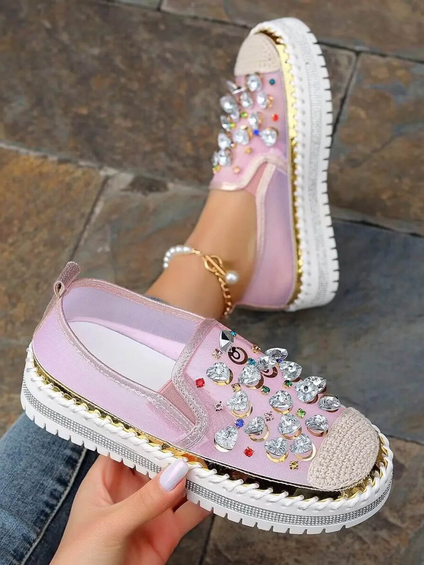 Rhinestone Embellished Platform Loafers - Ultim8 Designs 4 U